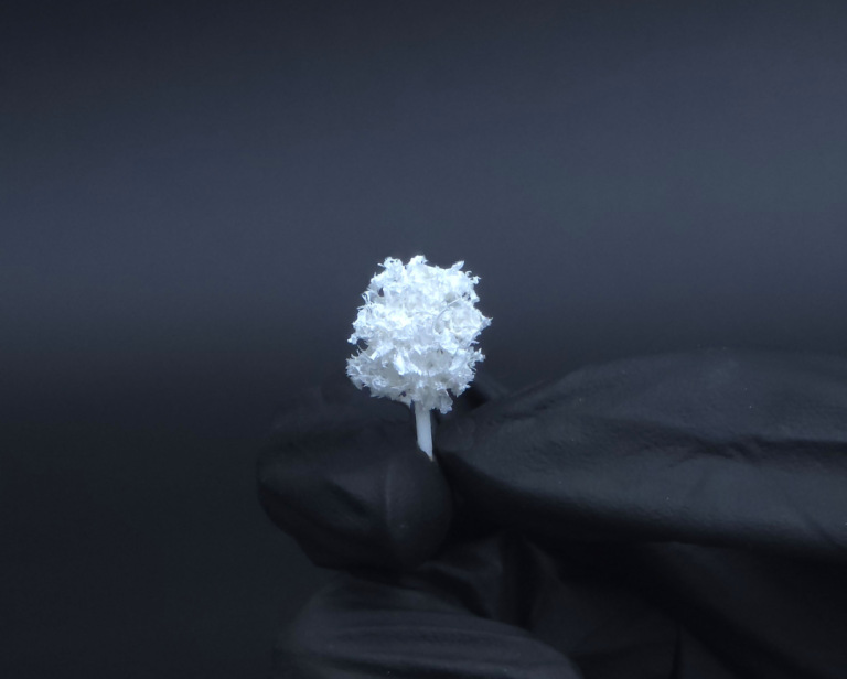 Beflockter Stadtbaum für Architekturmodelle Eine kleiner, weißer Modellbau Baum auf einem schwarzen Hintergrund.